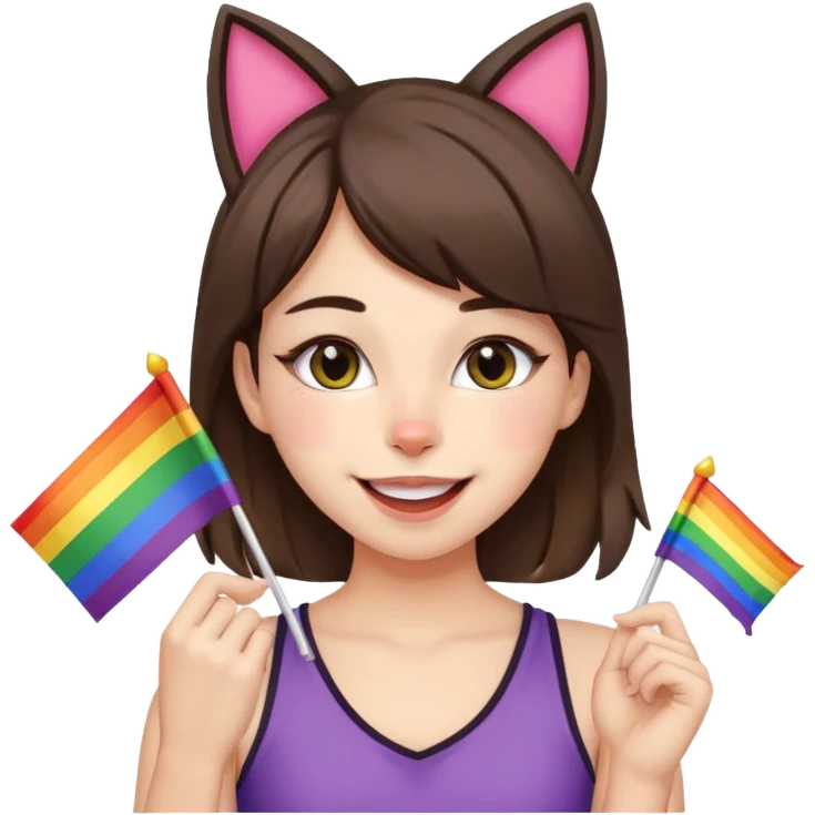 brunette girl with cat ears and doing cat pose with gay flag in mouth emoji