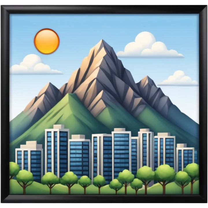 An mountain behind a apartment, Skyscraper and house  emoji