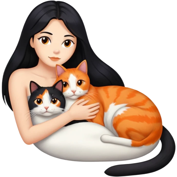 rambut hitam lurus panjang dan kucing belang tiga yang dominan berwarna oren sedang berbaring di bahu dan leher kirinya emojiem
 emoji