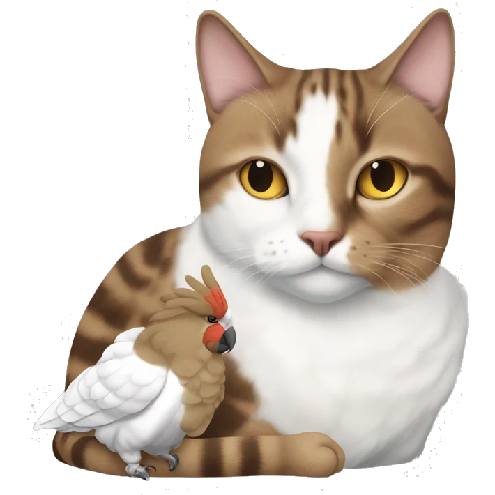 Brown tabby cat and white cockatoo napping together. emoji