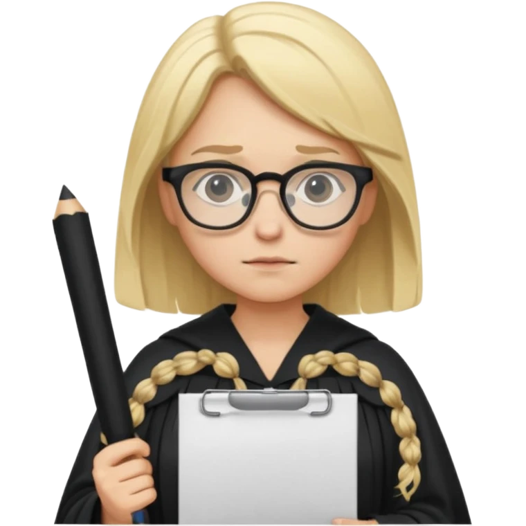 Young judge, blonde hair with glasses and robe, hold a paper emoji