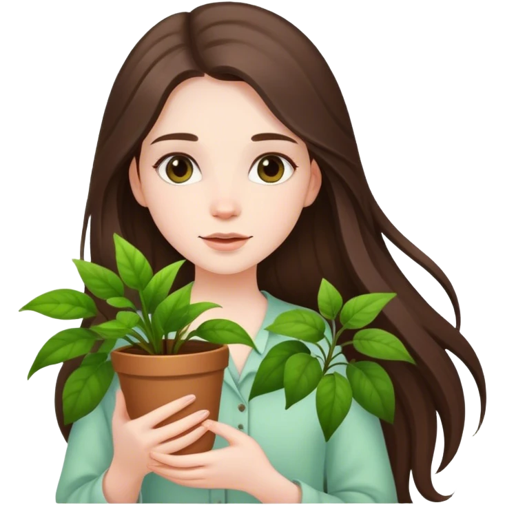 beautiful pale brunette girl with long hair holding plants  emoji