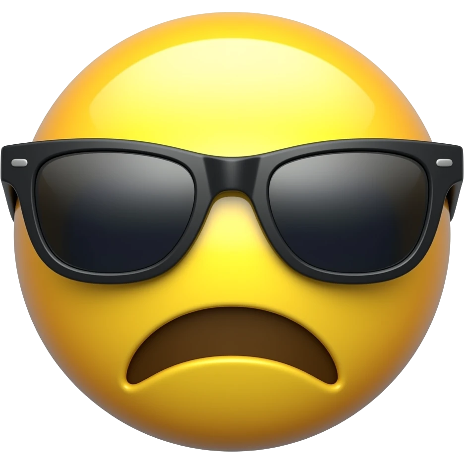 Emoji de cara amarilla con gafas de sol gira lentamente, la luz se refleja en su superficie, el fondo de cuadrícula transparente permanece estático. hacer que el emoji se vea mas moderno y que el fondo sea blanco darle un toque futurista y en 3d darle un asapecto agresivo y que de miedo emoji