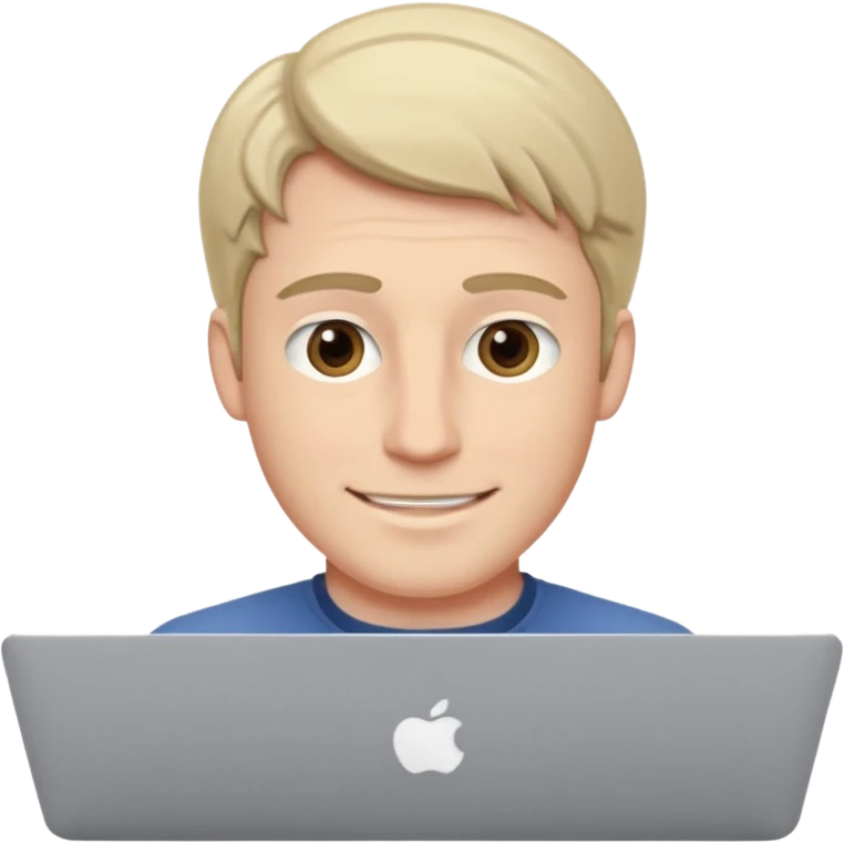 A white man in his mid 20s, middle part average dude with slightly droopy eyes, happy, using a MacBook (no logo), hero for an iOS developers website emoji