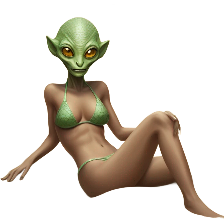a Reptilian alien woman, in bikini  laying on the beach emoji
