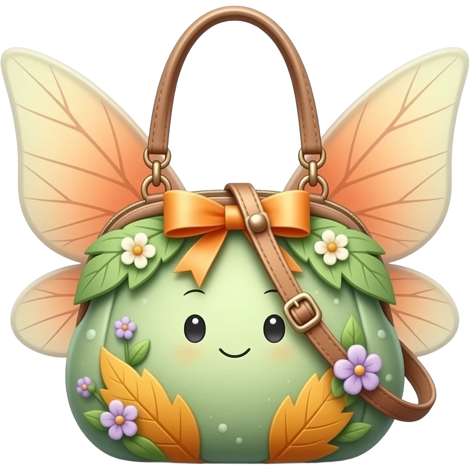A sweet miniature fairy handbag in soft green and warm orange tones, decorated with leaf details, tiny flowers, elegant ribbons, and small lilac accents. emoji