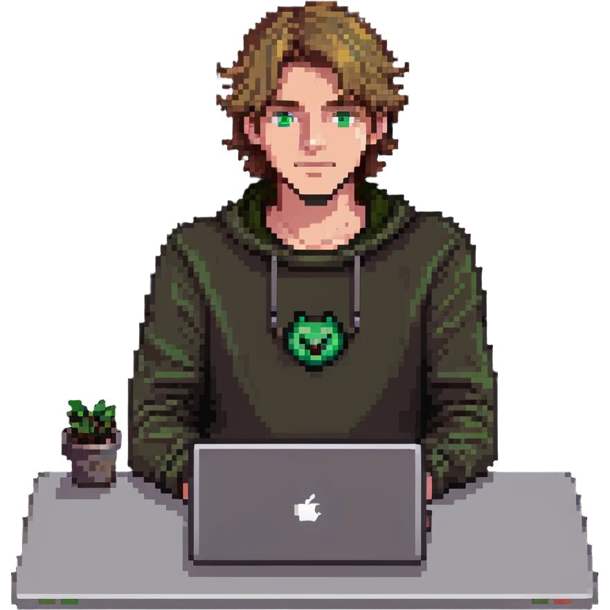 man with light brown hair and green eyes sitting in front of a laptop emoji
