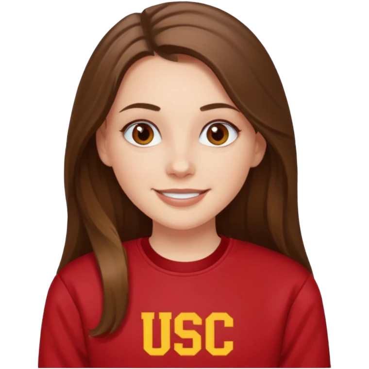 happy white long brunette hair girl with hazel eyes and in red USC sweatshirt emoji