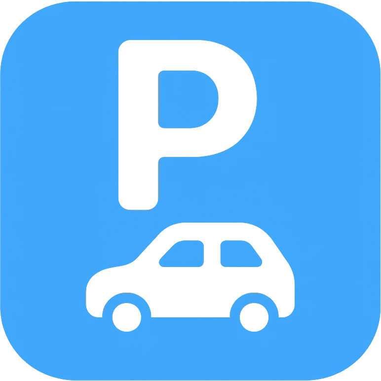 Add a car silhouette below the letter P, keep the rounded edges, friendly style with blue background and white P, with no background. emoji
