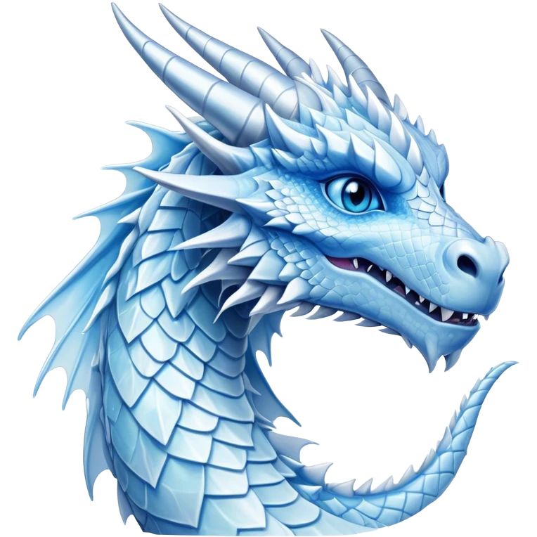 Cinematic Noble Beautiful Ice Dragon Portrait Emoji, Poised and majestic, with an ethereal, crystalline body adorned in intricately detailed scales of frosty blues and silvery whites reminiscent of glacial ice and delicate snowflakes, and piercing, cool eyes reflecting winter’s clarity; rendered with lifelike texture and subtle natural highlights, high shine, elegant and formidable, styled with an aura of chilling mythic beauty, focused and serene, soft glowing outline, capturing the essence of a legendary ice sovereign ready to glide gracefully out of the screen with timeless frosty allure! emoji