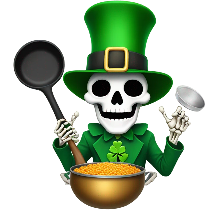 Skeleton wearing a leprechaun hat while holding a frying pan emoji