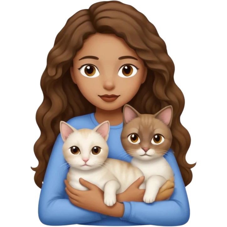 brown girl, brown eyes, wavy hair, with a siamese cat on her lap and a white cat beside her, emoji style emoji