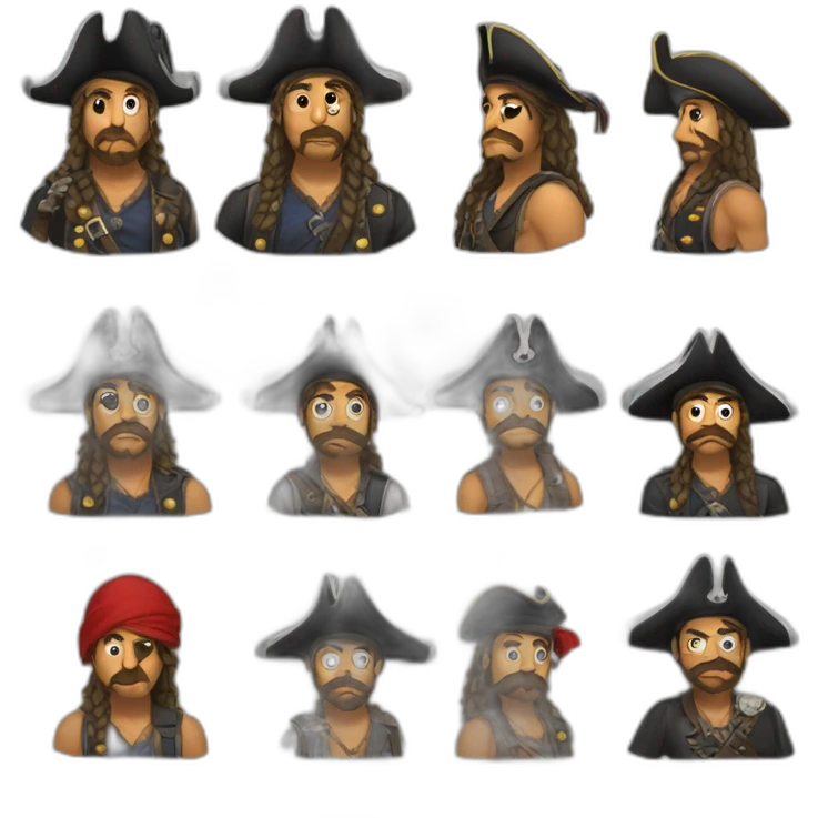 pirata, sin barba, con parche en el ojo, gorro de pirata, y un loro en el hombro emoji