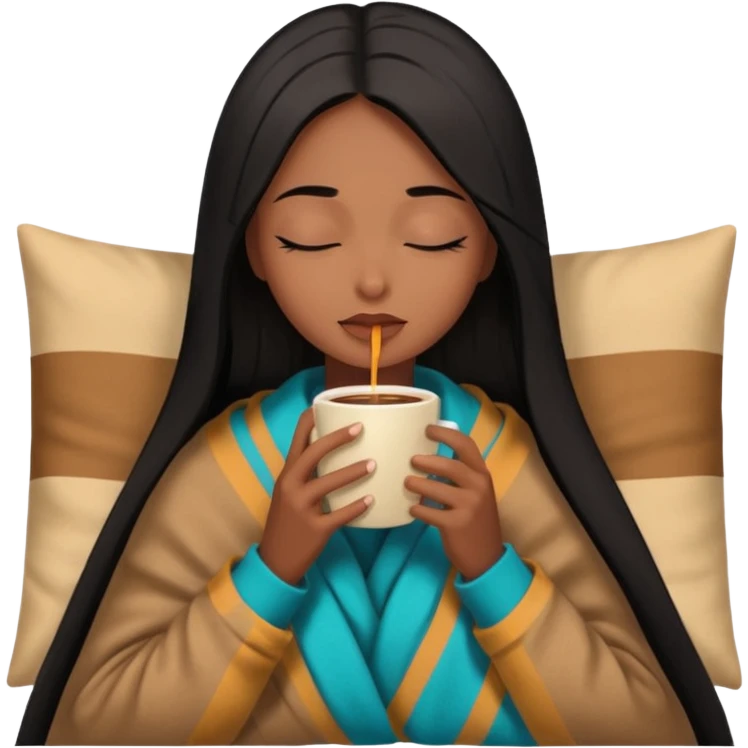 Chocolate brown girl with long straight jet black hair wrapped inside a tan blanket sipping coffee eyes closed emoji