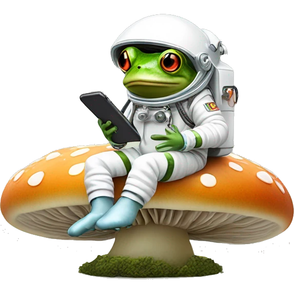 A tiny frog in a spacesuit, sitting on a mushroom, holding a flip phone with a question mark floating above its head. emoji