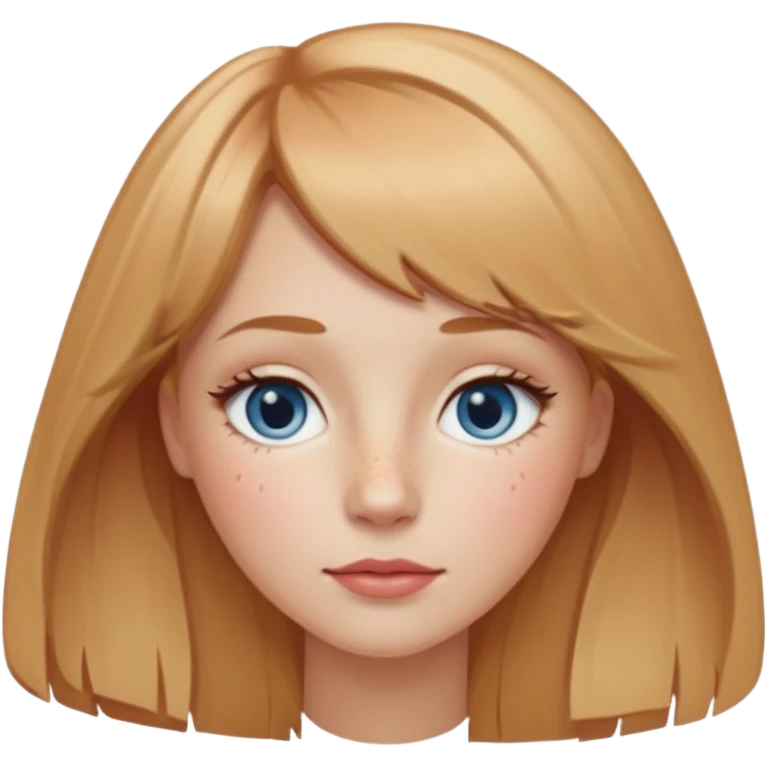 fair-skinned girl with oval face, freckles on nose and cheeks, long strawberry-blonde hair parted in center, wispy bangs, almond gray-blue eyes, sandy-blonde arched brows, straight nose, rose lips emoji