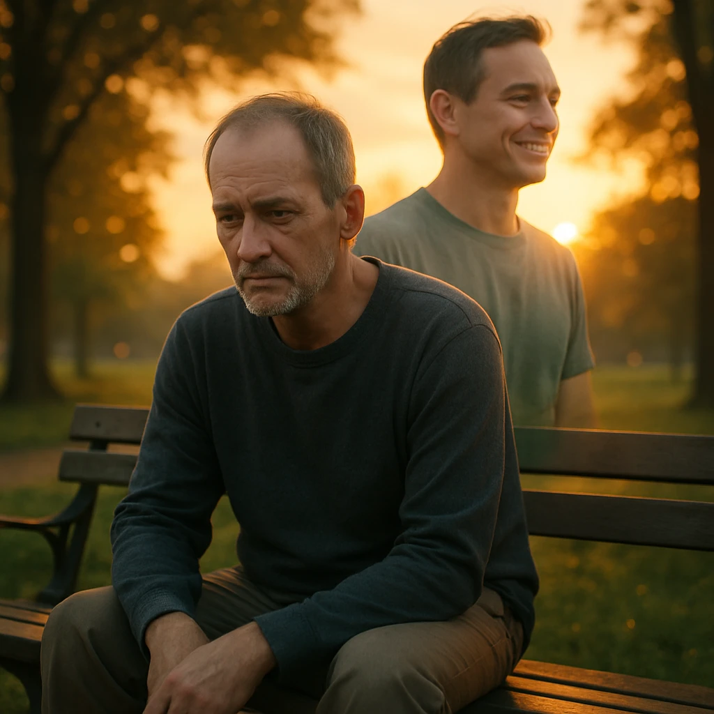 A man sitting on a park bench at sunset, lost in thought, with a subtle double exposure of a healthier, more vibrant version of himself in the background, representing a 'what if' scenario after a diagnosis. Cinematic, emotional realism, soft lighting, symbolic duality, quiet sadness and hope, hyperrealistic 4K. emoji