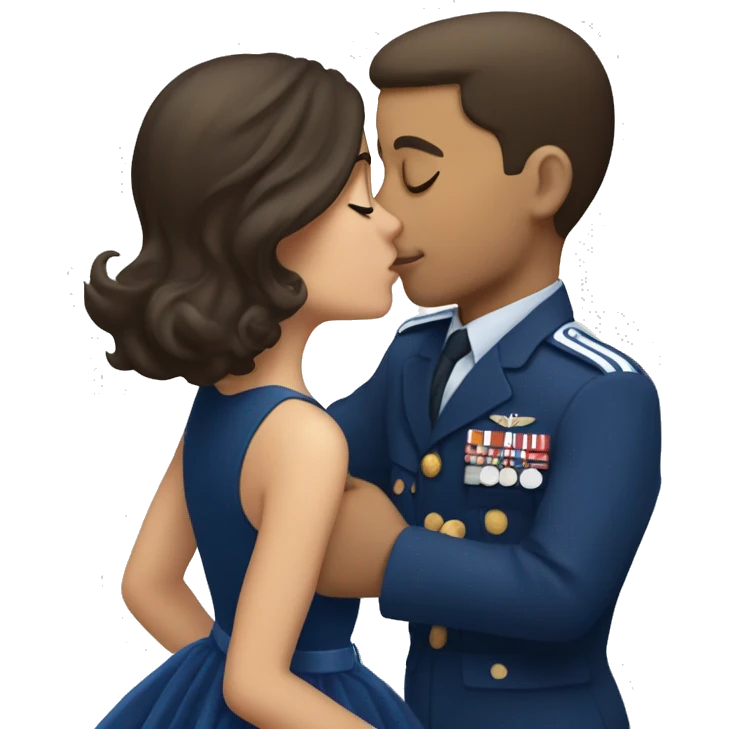 Brunette girl in a dress kissing a blue solider in the navy emoji
