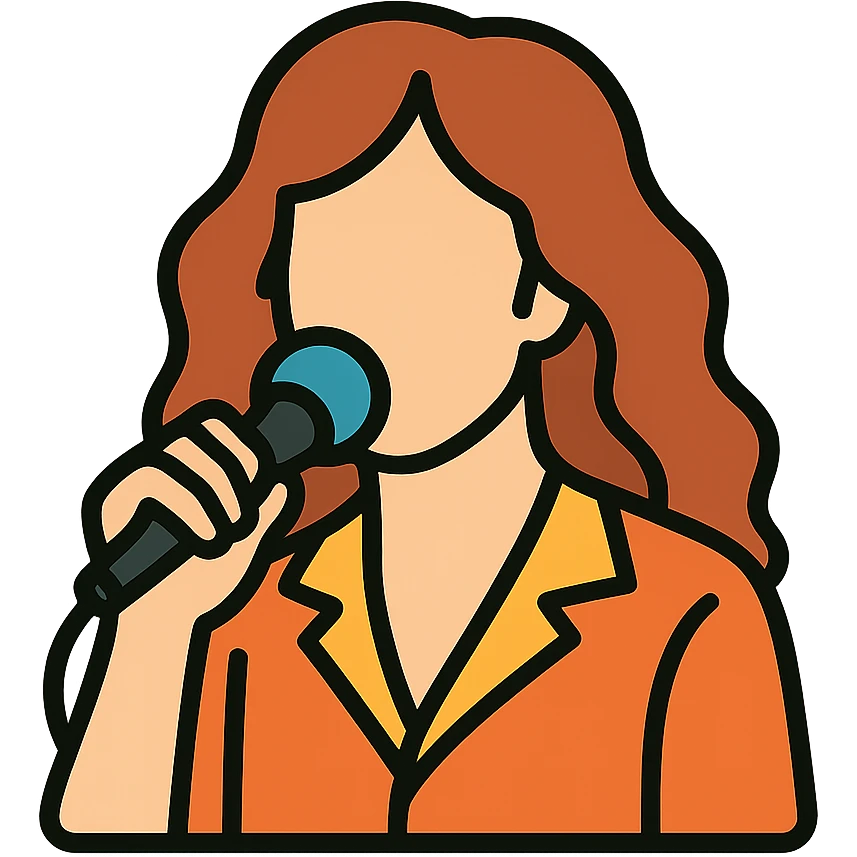 dynamic icon of singer with 70s vibes, representing Dave, microphone, flowing hair, modern outlined color style emoji