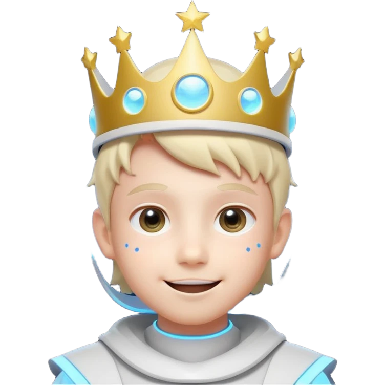 futuristic wise young boy with glowing visor-like smile, big expressive star-shaped eyes, smooth round face, glowing dots on cheeks, digital crown made of light, minimal color palette, soft neon outline, anime-inspired, bold and simple, iconic logo or mascot style emoji emoji