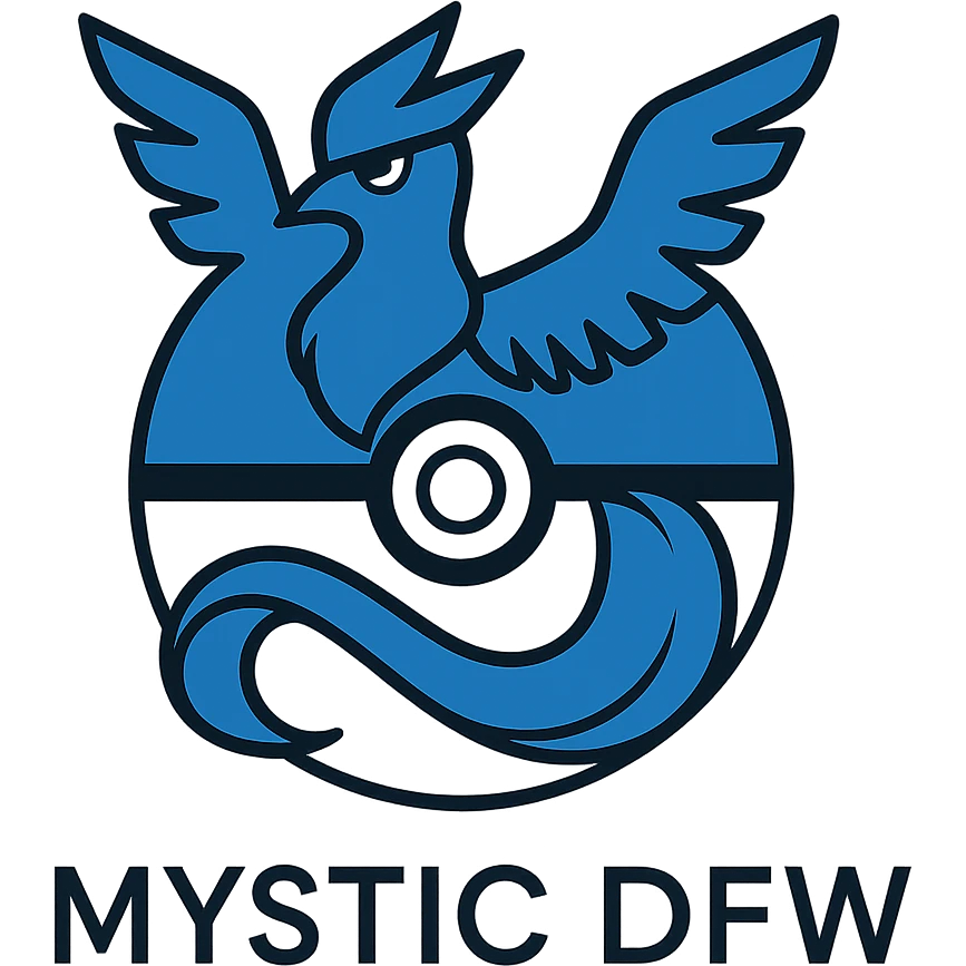 Add a Pokéball motif blended with the Articuno silhouette and 'Mystic DFW' text in blue and white, maintaining the minimalist style of the Team Mystic DFW logo. emoji