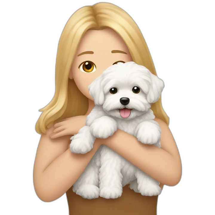 a long haired woman hugging white maltipoo emoji