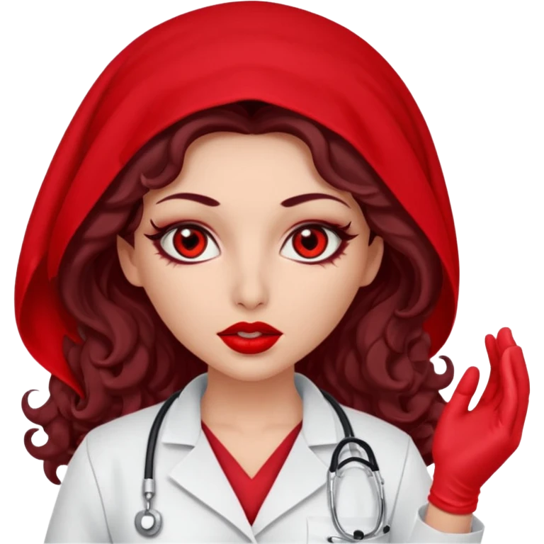 Lilith scalpel in hand, evil surgeon sexy surgeon clothes.  She has red eyes. She has dark brown long curly hair. Wears sexy doctor outfit with red gloves. Covers mouth neck and nose with red burka to hide her identity emoji