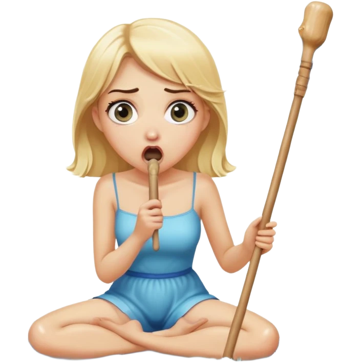 blond woman sitting on her knees with wide eyes, she's holding a wide stick with a D-shaped knob, the stick is made of skin, water squirting from the knob into her mouth, shocked face emoji