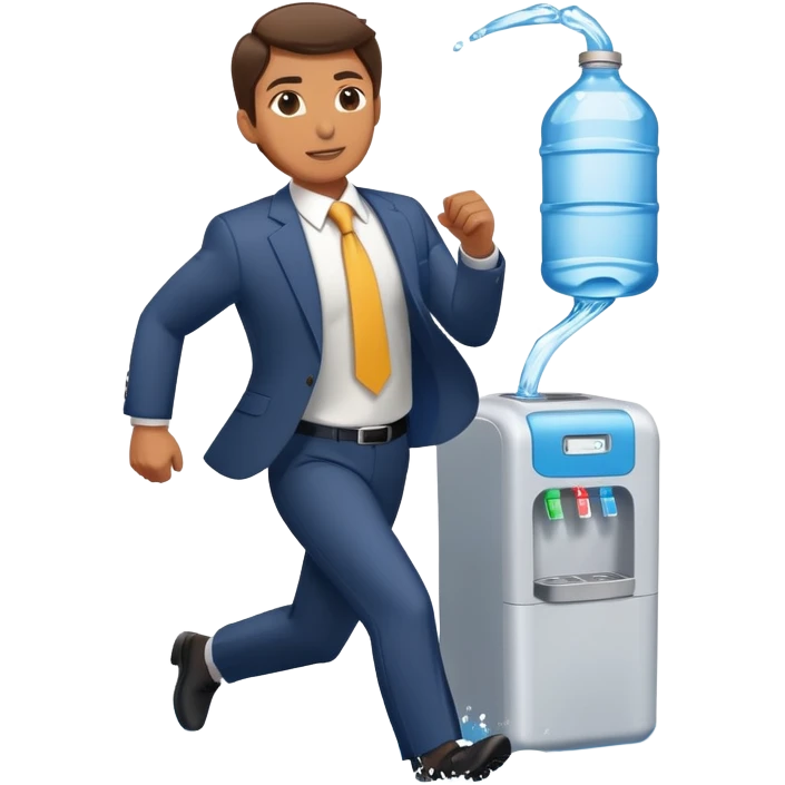Company director running a marathon in a business suit next to a water cooler emoji