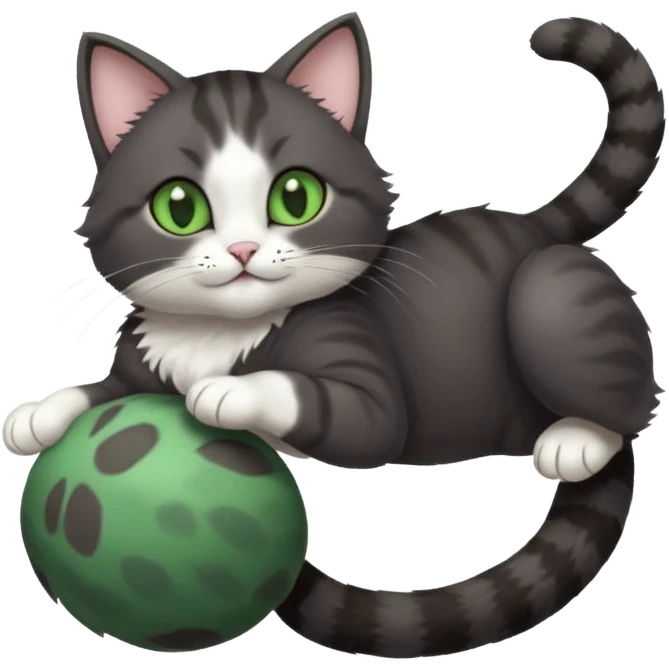 dark grey cat with green eyes, white toes/paws and white patch on her chest playfully rolling upside down emoji