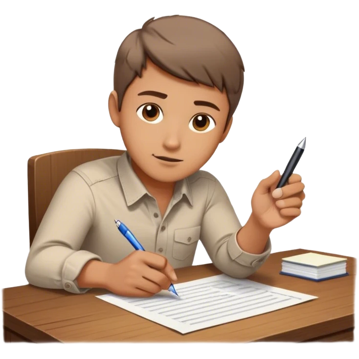 A man sitting on desk. A glowing hand emerges from within a piece of paper, symbolizing the future self. The hand extends forward, offering a pen, as if passing over the ability to take action. The pen is illuminated, representing the moment of decision—the choice to stop procrastinating and start. emoji