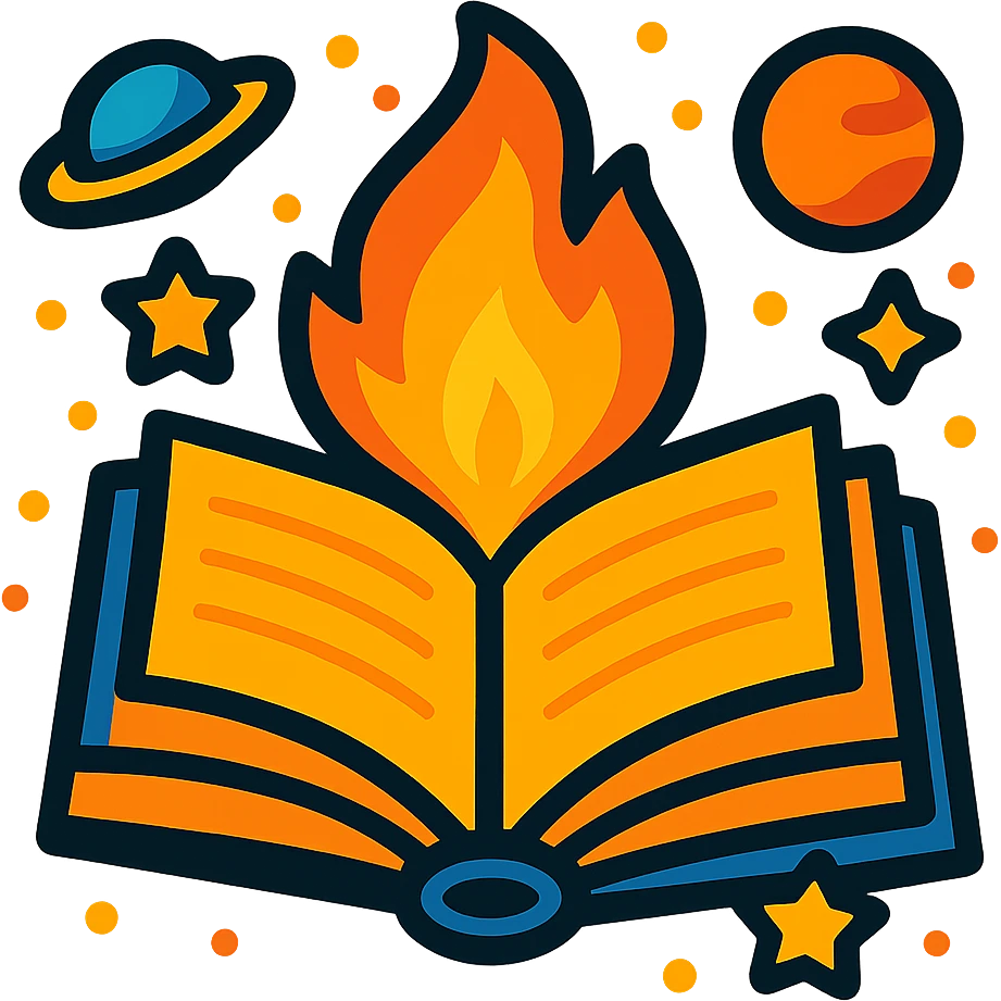 Keep the fun event icon with a book and fire, space themed, in vibrant toon style. Remove the background and make the icon transparent. emoji