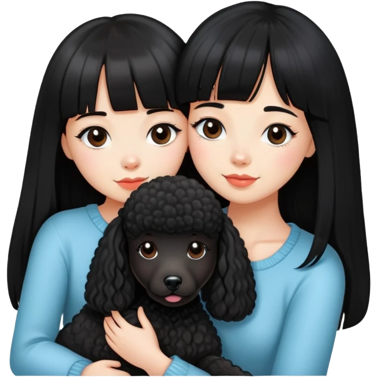 A beautiful girl with long straight black hair and bangs hugs a poodle tightly emoji