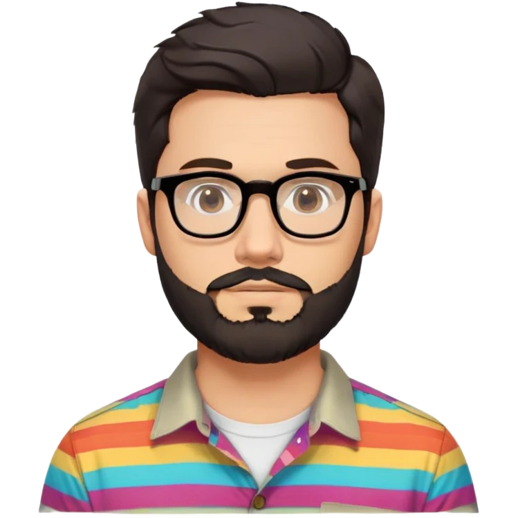 a 30-year-old man with light skin, medium solid build, wide face, soft cheeks, rounded jawline, neutral relaxed expression, short dense full beard, wavy voluminous brown-black hair at the front, large rectangular black thick frame glasses, colorful button-up shirt open showing white t-shirt emoji