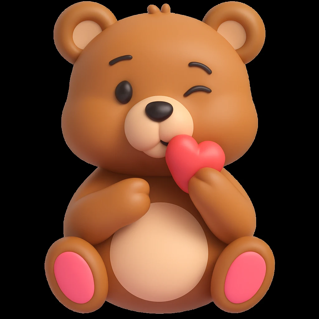 Edit the 3D emoji-style bear blowing a kiss to wink with one eye, keeping the heart near its mouth and a playful expression. Maintain the sweet and cute 3D emoji style in the edit. emoji