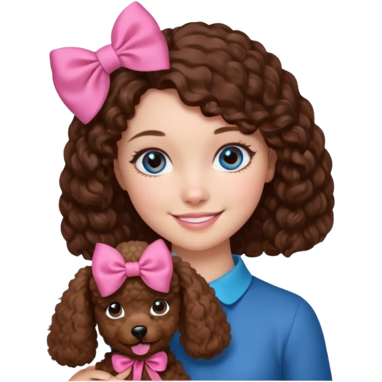 dziewczyna, brązowe włosy i niebieskie oczy trzyma na rękach brązowego pudelka z różową kokardką emoji