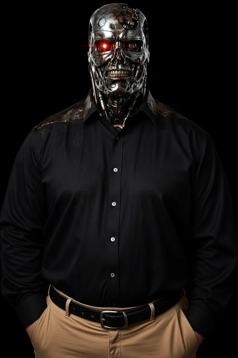 Turn this man into a realistic terminator as depicted in the movies, with part of the robotic structure showing in the face emoji