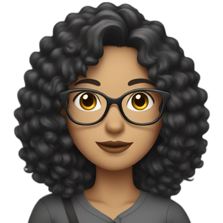 Curly woman with long black hair and glasses, holding a gray cat emoji