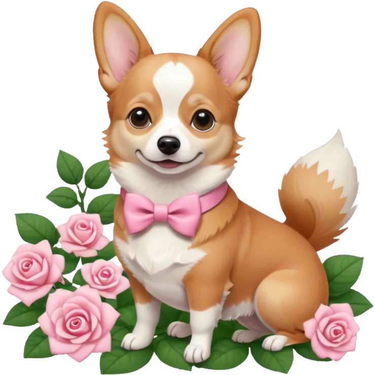 Tan and white Corgi in a rose garden with A White Chihuahua with a pink bow on the Chihuahua  emoji