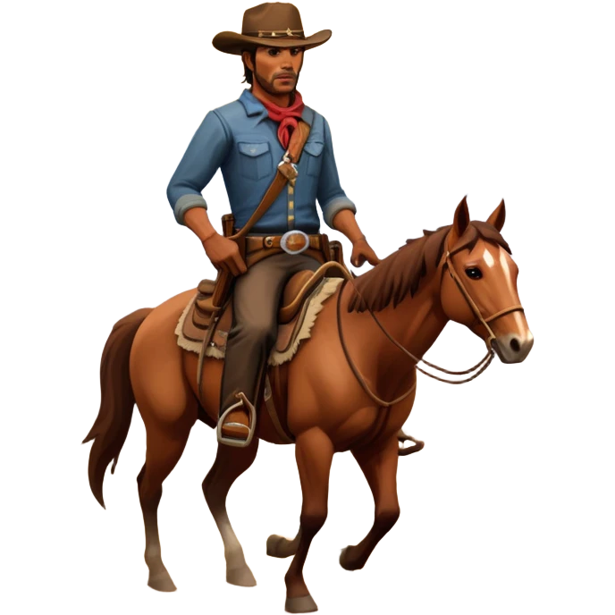 An icon representing an adventure game, inspired by Red Dead Redemption II. The design features a rugged cowboy riding a horse through a vast, open landscape with mountains, deserts, and wild animals. The atmosphere conveys exploration, action, and the thrill of the journey. Transparent background emoji