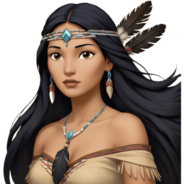 Cinematic Realistic Pocahontas Portrait, depicted with lifelike skin texture, soft natural lighting, and intricately detailed long, flowing raven-black hair that moves gracefully in the wind. Her deep, soulful dark brown eyes exude wisdom and strength, complemented by a serene yet powerful expression. She is dressed in her classic one-shoulder native american dress, with rich fabric textures and delicate beaded details that catch the light beautifully. The portrait features a soft, sun-kissed glow with a natural, radiant finish, capturing the essence of untamed beauty and deep connection to nature in a realistic and painterly style, evoking a sense of depth and authenticity. emoji