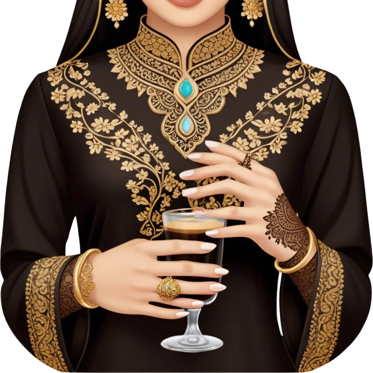 A delicate hand adorned with intricate floral henna designs holds a traitional glass of Arabic coffee. The deep brown henna contrasts beautifully with the rich embroidery of the black outfit, which features shimmering floral patterns. A gold ring and dark nail polish add elegance to the aesthetic. emoji