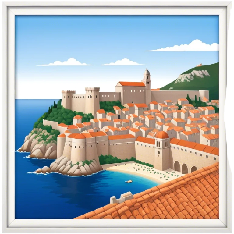 Cinematic Realistic Dubrovnik Landmark Emoji, showcasing the historic walled city with its terracotta rooftops, stone fortifications, and the deep blue Adriatic Sea stretching beyond. emoji
