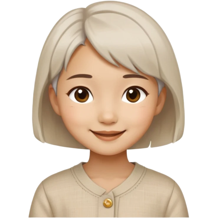 A young Asian girl with short hair, linen colored hair, a delicate outfit, smiling like a happy little dog emoji