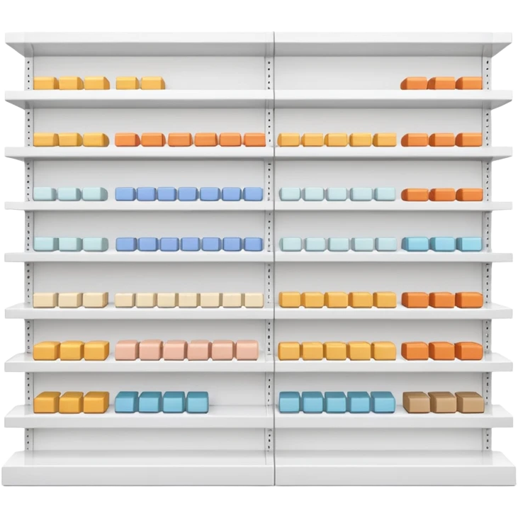 "Minimalist Japanese retail shelf display, products arranged in identical horizontal rows, with multiple units of each item placed directly behind one another, vertically varied by type, clean spacing, precise symmetry, soft neutral lighting, front-facing packages, ultra-detailed." emoji