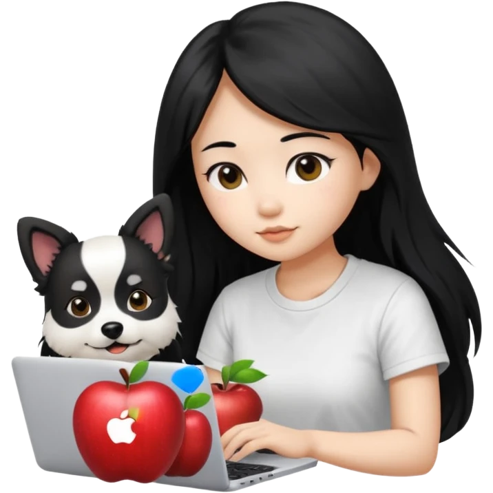 Asian girl long black hair, wearing a white t-shirt, working on an Apple laptop, next to her is a small black and white female dog emoji