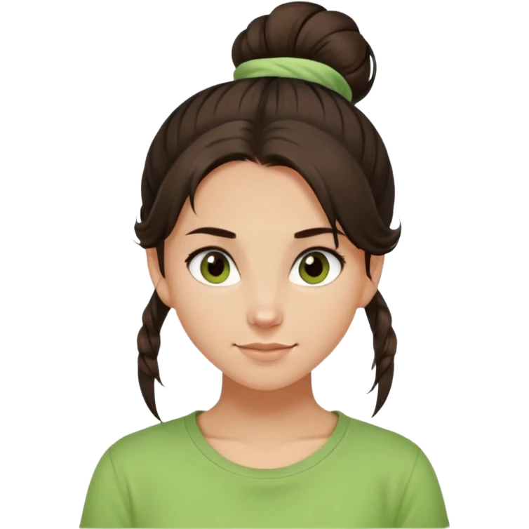 a girl with long dark brown hair with one high disheveled bun in light green t-shirt, a slight smile, dark brown eyes emoji