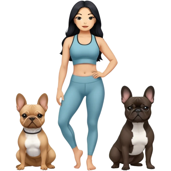 latin woman in a yoga outfit with long black hair standing alongside two French bulldogs emoji
 emoji