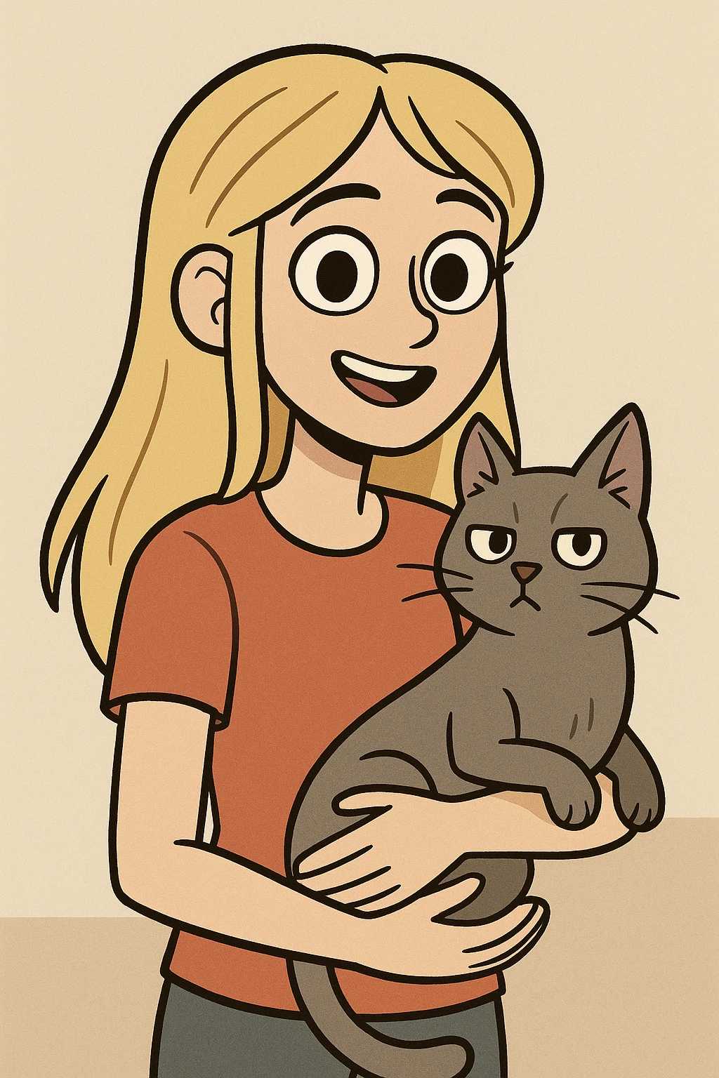 girl with long blond hair, brown eyes, and a grey cat, friendly, modern illustration style emoji