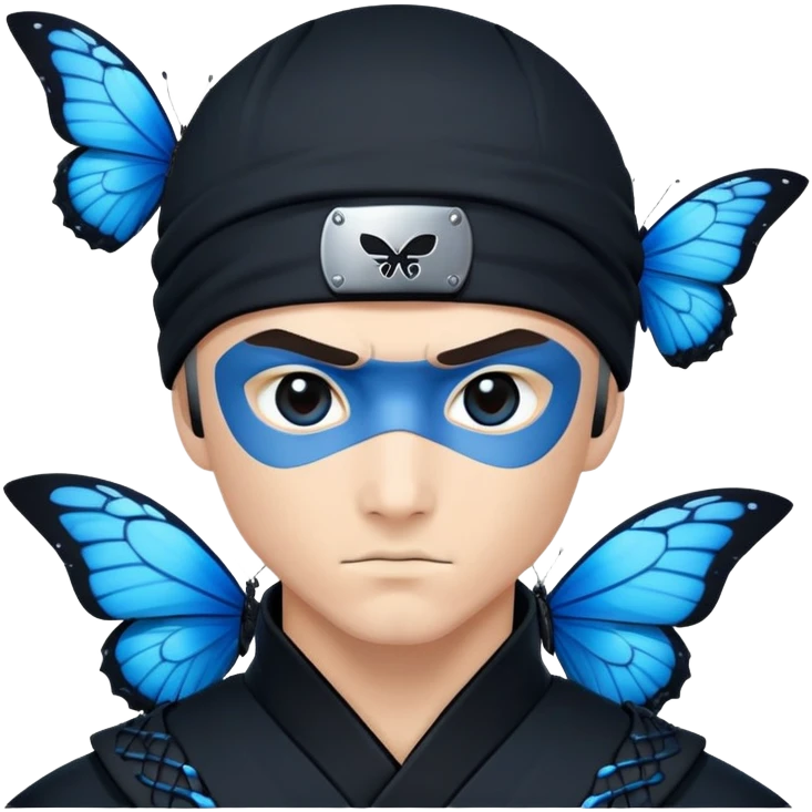 Emoji  con estos dos emojis 🦋 🥷🏻.
Ninja vestido de negro con los ojos de color negro y la piel blanca y con la mariposa azul posada en su hombro izquierdo como si estuviera volando en su hombro. emoji